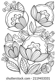 beautiful bouquet of flowers coloring on a white background isolate contour illustration black and white picture hand drawing doodle sketch vector for kids and adults postcard sketch poster print