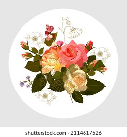 A beautiful bouquet of flowers with golden outlines over a pattern isolated on a white background. A wonderful print for a pillow, postcard, dishes, round box. Roses, lobelia and dolichos lablab.