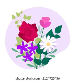 Beautiful bouquet of flowers on a purple background. Rose, tulip, chamomile. Holiday gift. Hand drawn vector illustration 