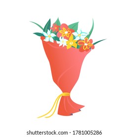 A beautiful bouquet of flowers in a red wrapper. Flowers with leaves, a wonderful gift. Floral composition concept.