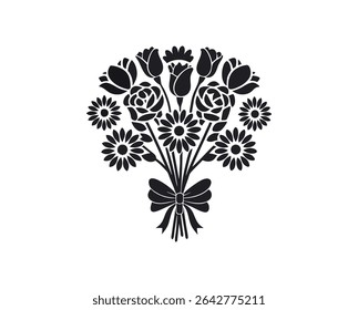 A beautiful bouquet of flowers tied with a bow, presented in a stylish silhouette.  The distinctive feature is its simple yet elegant black and white silhouette style, perfect for various design 
