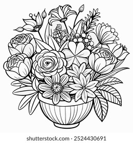 A beautiful bouquet of flowers in a vase, perfect for adding a touch of elegance to your designs. This intricate illustration features a variety of blooms.