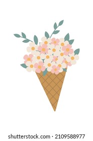 A beautiful bouquet of flowers in a waffle cup. Cute postcards, content, banner, sticker and posters for the spring holiday. Wedding gift, holiday concept. Hand drawn flat vector illustration.