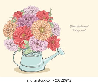 Beautiful bouquet of flowers in watering can. Hand drawn vector illustration