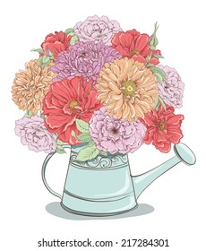 Beautiful bouquet of flowers in watering can isolated on white background. Hand drawn vector illustration