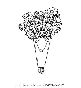 Beautiful bouquet of flowers wrapped with paper in linear style. Vector hand drawing black outline. For the decor of spring holidays, postcards, March 8, flower shop, coloring books. Floral doodle.