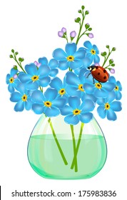 Beautiful bouquet of forget-me-flowers in a glass vase. Ladybird.