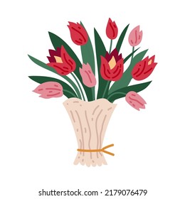 Beautiful bouquet with garden and wild flowers vector flat illustration. Blooming plants with stems and leaves isolated on white. Floral decoration or gift