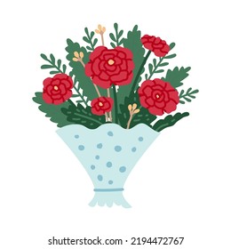 Beautiful bouquet with garden and wild flowers vector flat illustration. Blooming plants with stems and leaves isolated on white. Floral decoration or gift