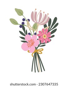 Beautiful bouquet with garden and wild flowers. Various blooming plants with stems and leaves. Cartoon colorful vector illustration isolated on white background