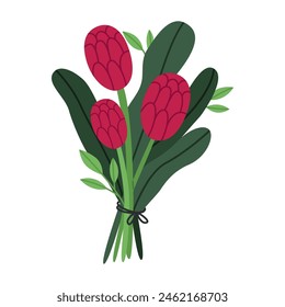 Beautiful bouquet with gprotea artichoke. Flower decoration or gift. Flat vector illustration isolated on white background.