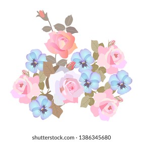 Beautiful bouquet of light pink roses and blue pansies isolated on white background. Design element.