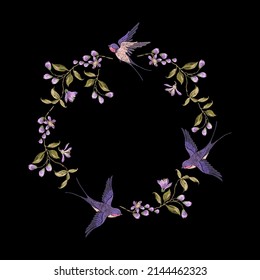 Beautiful bouquet of lilac blossom and swallows , classic embroidery pattern for clothes.  Vector traditional design set with flowers on black background  for wearing.
