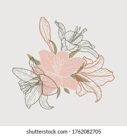 beautiful bouquet lily with retro vintage colors. Hand-drawn. design greeting card and invitation of the wedding, birthday, Valentine s Day, mother s day and other holiday