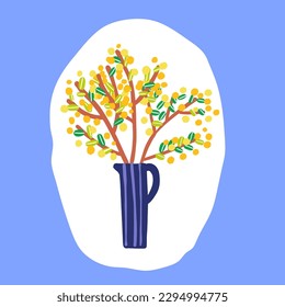 Beautiful bouquet of mimosa in a blue jug vase 