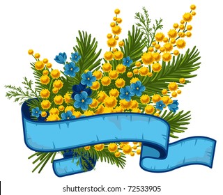 Beautiful bouquet of mimosa and forget-me-not, vector illustration