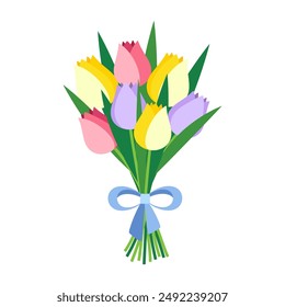 beautiful bouquet of multicolored tulips isolated on white background, flat design, spring flowers with long green leaves decorated blue bow