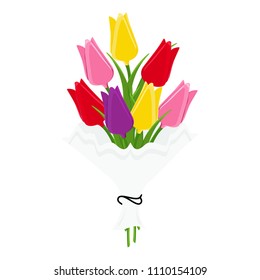Beautiful bouquet of multicolored tulips on white background. Spring flowers with long green leaves decorated bow. Vector illustration hand drawn pattern graphic icon.