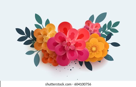 Beautiful bouquet of paper flowers red. Vector Bright floral composition isolated on white background. Bouquet can be used for wedding invitations, printed on a T-shirt, bag, promotions, banner.