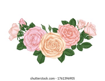 beautiful bouquet and pastel pink roses buds   leaves  Floral arrangement  design greeting card   invitation the wedding  birthday  Valentine's Day  mother's day   other holiday
