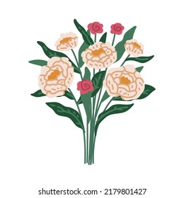 Beautiful bouquet peonies with garden and wild flowers vector flat illustration. Blooming plants with stems and leaves isolated on white. Floral decoration or gift