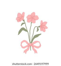 Beautiful bouquet with pink coquette bow ribbon and gentle flowers. Floral elegance decoration. Preppy blooms, holiday gift. Flat vector illustration isolated on white background