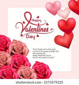 A beautiful bouquet of pink and red roses symbolizing love and romance Red and pink hearts are scattered around the image highlighting affection Happy Valentine's Day is written in a festive font