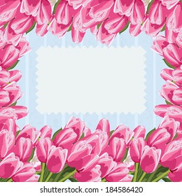 Beautiful bouquet of pink tulips, floral background. Greeting card or invitation.