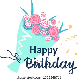 Hermoso ramo de rosas rosadas y blancas envueltas en papel azul claro con un lazo de cuerda y confeti, con texto que desea feliz cumpleaños, ideal para tarjetas de felicitación y celebraciones de cumpleaños