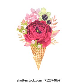 Beautiful bouquet with red ranunculus in waffle cone ice cream, vector floral illustration in vintage style.