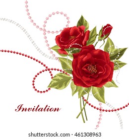 Beautiful bouquet of red roses with beads isolated on white.