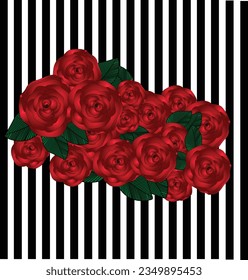 beautiful bouquet with red roses and leaves isolated on black stipes . Floral arrangement. design greeting card and invitation of the wedding, birthday, Valentine's Day, mother's day and other holiday