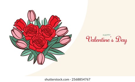 A beautiful bouquet of red roses and pink tulips with a "Happy Valentine's Day" message, perfect for greeting cards, invitations, and other romantic occasions