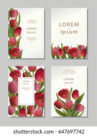Beautiful bouquet of red tulips. Set of Backgrounds for postcard and banners on 8 March, Mother's Day, Birthday, Spring Sale and other. Vector illustration in EPS10 format