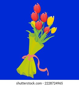 Beautiful bouquet of red and yellow tulips wrapped in green paper. Vector illustration isolated.