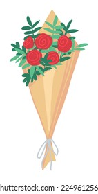 Beautiful bouquet of roses in cartoon style. Celebration Birthday party attribute clipart isolated on white background. Hand drawn vector illustration.