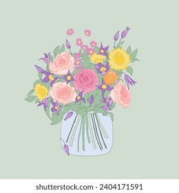 A beautiful bouquet of roses in a glass vase on a green background, in the style of simple, colourful illustrations. For textile, wallpaper, packaging, DIY projects.