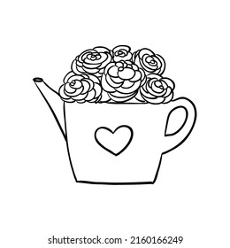 beautiful bouquet roses in a vase shaped like a watering can. vector illustration.
