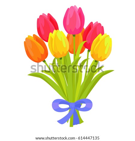 Beautiful bouquet of seven multicolored tulips flat design on white background. Spring flowers with long green leaves decorated blue bow. Vector illustration hand drawn pattern graphic icon.