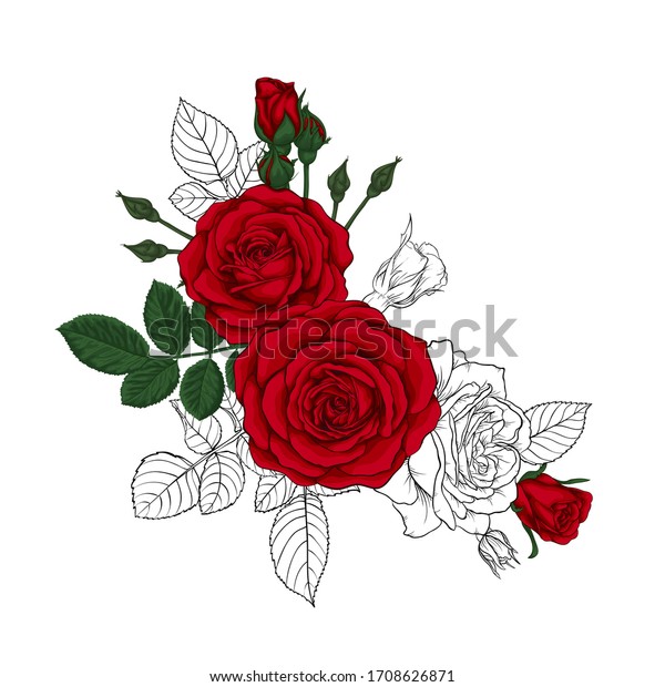 Beautiful Bouquet Sketches Red Roses Leaves Stock Vector (Royalty Free ...