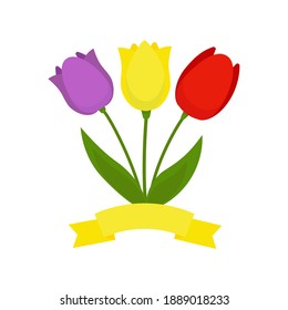 Beautiful bouquet of three colorful tulips. Spring flowers with green leaves are decorated with a ribbon for the inscription. Postcard for Valentines Day, March 8, Mothers Day. Vector illustration