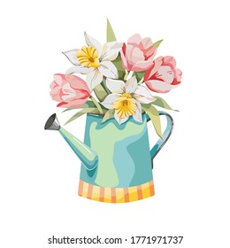 Beautiful bouquet of three tulips and two narcissus flat design  