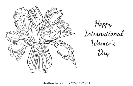 Beautiful bouquet with tulip flowers in glass vase isolated on white background. Hand drawn vector sketch illustration in vintage engraved style. Happy international women's day, 8 march