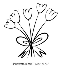 Beautiful Bouquet Of Tulips. Black And White Vector Doodle Illustrations For Cute Design, Posters, Greeting Cards For International Women's Day, Mother's Day, Valentine's Day.