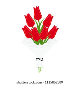 Beautiful bouquet of tulips flowers on white background. Spring flowers with long green leaves decorated bow. Vector illustration hand drawn pattern graphic icon.