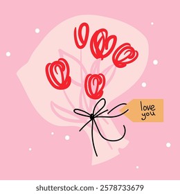 Beautiful bouquet of tulips. Modern doodle illustrations for cute design, posters, greeting cards for International Womens Day, Mothers Day, Valentines Day. Vector illustration