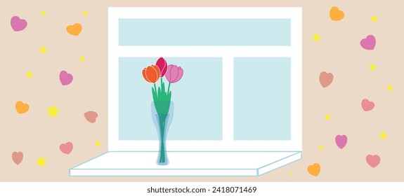 a beautiful bouquet of tulips in a transparent vase on the windowsill, window, wallpaper with hearts, Valentine's day