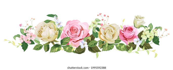 Beautiful flowers’ bouquet: white, pink roses, spring apple tree blossom. Horizontal border for wedding anniversary card. Digital draw illustration in watercolor style, vintage, vector. Panoramic view