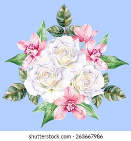 Beautiful bouquet with white roses and pink orchids. Vector illustration