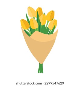 Beautiful bouquet of yellow tulip flowers flat design on white background. Spring flowers with long green leaves. Vector illustration